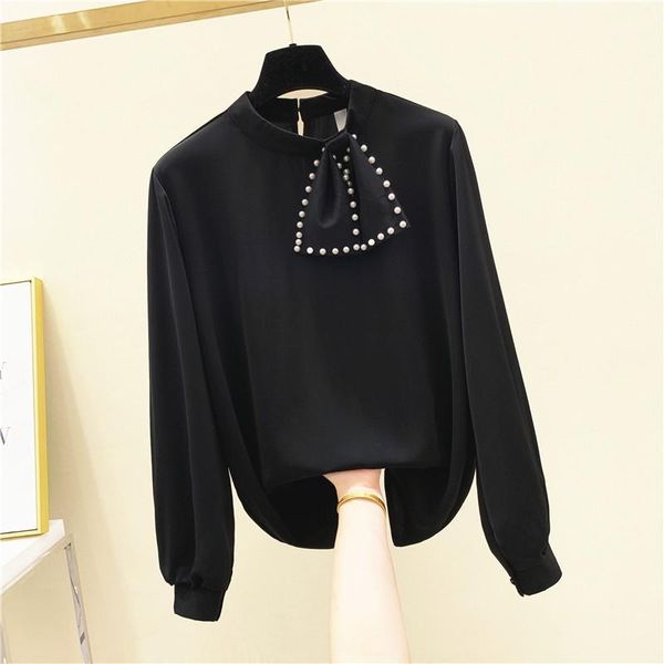 

special design autumn 2020 fashion women's beading bow o neck long sleeves shirts office ladies shirt female blouse a37271, White