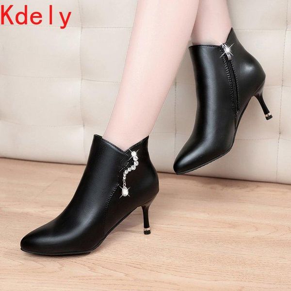 

2021 women ankle boots autumn stiletto thin high heels pointed toe crystal ladies winter boots short plush fur, Black