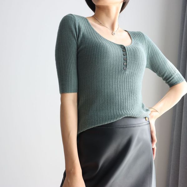 

vin 20 early autumn wool woolnew small breasted chest thin wool knitted large round neck women's medium sleeve five point sleeve gxi3u, White
