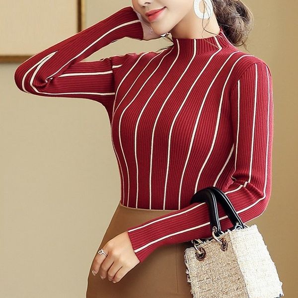 

sexmkl striped turtleneck pullover women winter thick sweater red korean ladies office knitted sweater black pull femme y200116, White;black