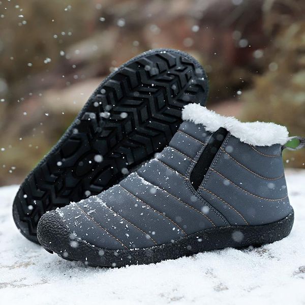 

men snow boots warm plush fur ankle winter boots cotton slip on flat casual shoes men waterproof footwear big size botas, Black