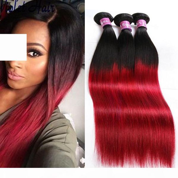 

virgin peruvian 1b red ombre human hair bundles 3pcs lot silky straight extensions dark roots red two tone colored peruvian hair weaves, Black