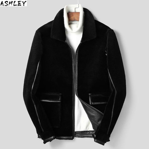 

men's leather & faux fur short real coat men sheep shearing 200% wool jacket autumn winter warm mens coats veste hiver f-jsj-2820 kj242, Black