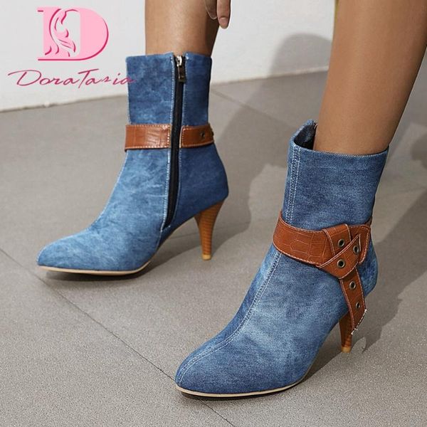 

doratasia new fashion autumn female denim ankle boots pointed toe spike high heels zip boots women 2020 office party woman shoes, Black