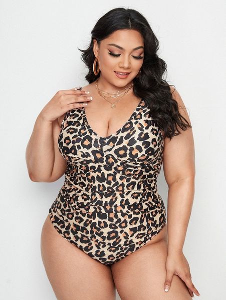 

plus leopard one piece swimsuit t46j#, Black