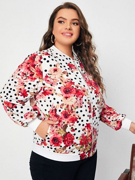 

plus floral & polka dot bomber jacket y7bz#, Black
