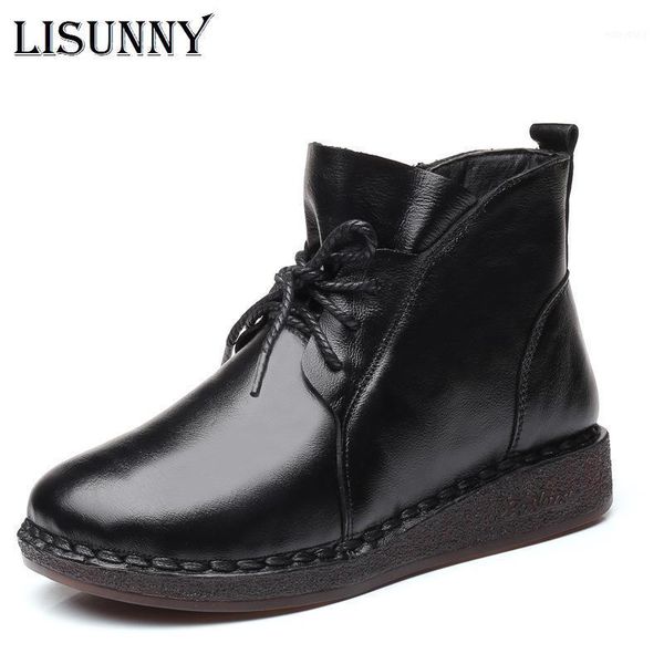 

lisunny 2020 autumn winter warm plush flat boots women genuine leather shoes round toe low heel lace-up leather boots women fur1, Black