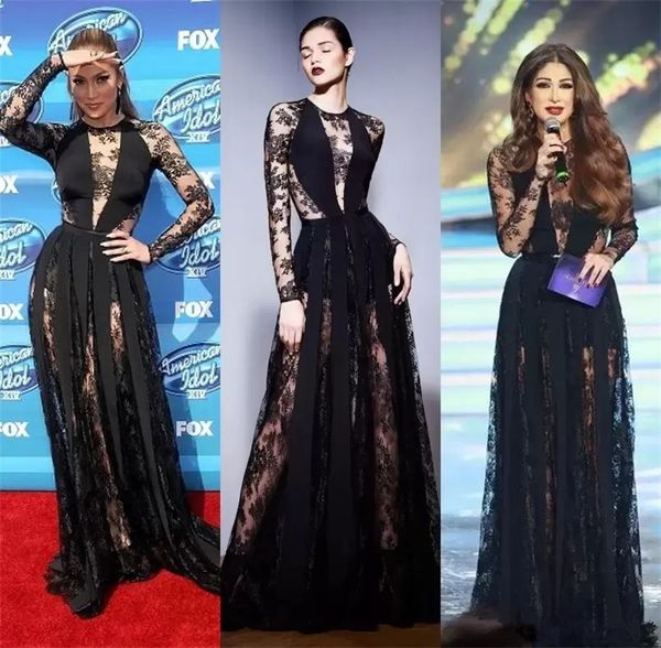 

designer black illusion evening dresses lace long sleeves prom gowns formal red carpet celebrity robe de mariÃ©e custom made, Black;red
