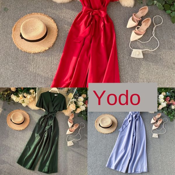 

thai fashion brand v-neck lace up waist slim simple solid color high waist drape feeling pants jumpsuit leggings wide leg pants wide leg pan, Black;gray