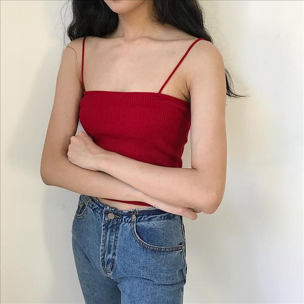 

flat knit retro knitted ribbon harness crop candy color cropped tank cropped feminino drop shipping, White