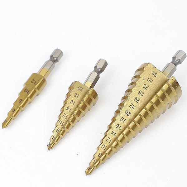 

hss step cone taper drill bit set hole cutter metric 4-12/20/32mm 1/4" titanium coated metal hex bits1