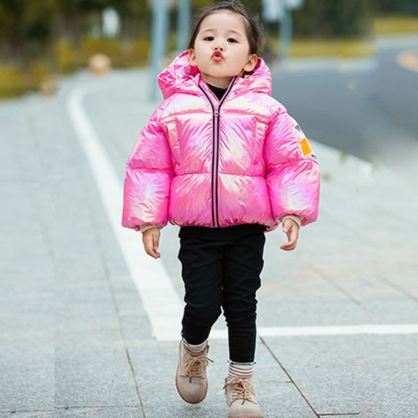 

kids clothes winter season down jacket colorful shiny rainbow thick warm hooded cotton coat 2-6 years old baby quality clothing lj201126, Blue;gray