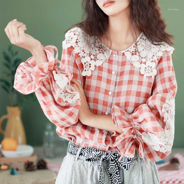 

women's blouses & shirts spring women mori girl pastoral style lace collar plaid cotton and linen korean sweet casual loose all-match s, White