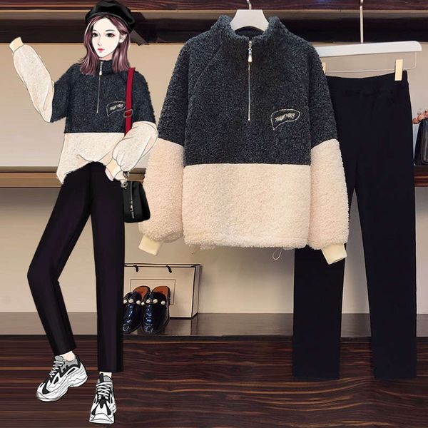 

large size women's autumn and winter 2020 new fat sister's foreign style reduced age slim lamb hair sweater two piece suit, Black