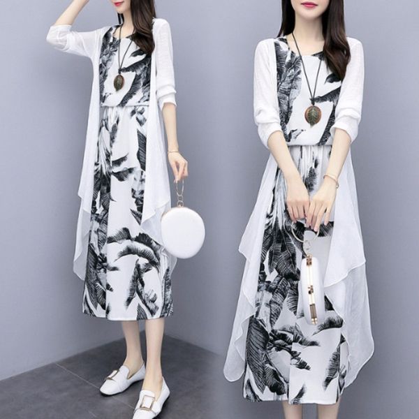 

dzmkk 2020 new summer wjokd ethnic painting ink loose two-piece ethnic and linen cotton linensuit over-knee cotton and linen jumpsuit style, Gray