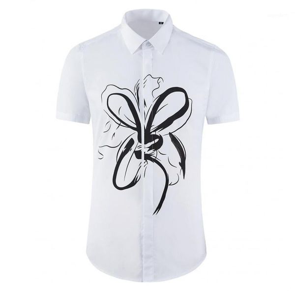 

2020 mens shirts luxury abstract lotus printed short sleeve casual mens dress shirts slim fit party man plus size 3xl1, White;black