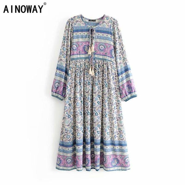 

casual dresses vintage chic women lace-up tassel floral print beach bohemian midi dress ladies rayon cotton summer boho vestidos, Black;gray