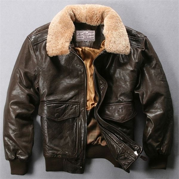 

avirex fly air force flight jacket fur collar genuine leather jacket men black brown sheepskin coat winter bomber jacket male 201216