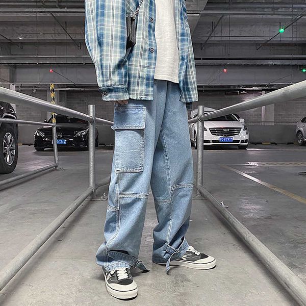 

spring 2021 new trousers men's loose and versatile straight elastic waist youth denim capris, Blue