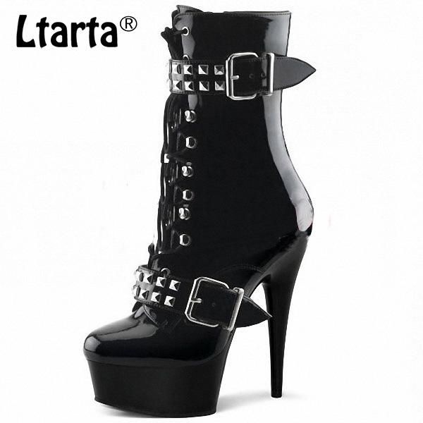

ltarta rivet belt buckle knight boots women 15cm fine high heel waterproof table nightclub shoes short boot tide lyp-c-126-1, Black