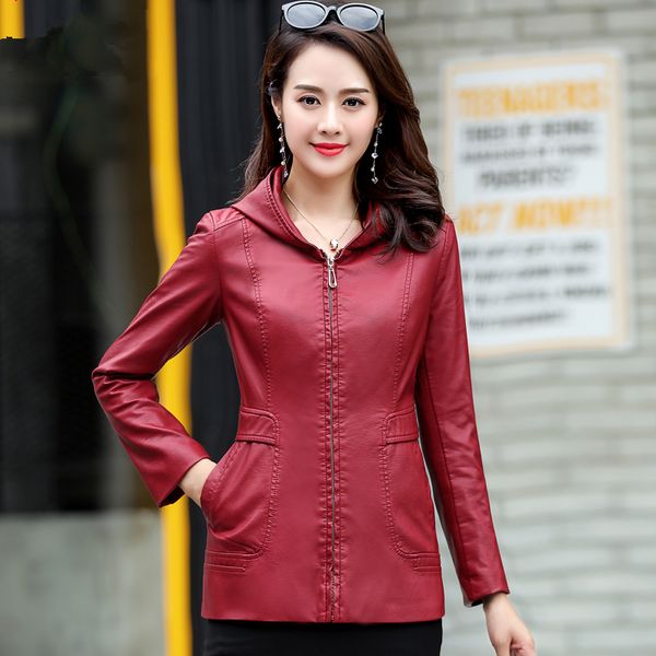 

2019 new womens elegant hooded leather jackets ladies slim soft sheepskin leather coat plus size 6xl female clothing outerwearx1016, Black;brown