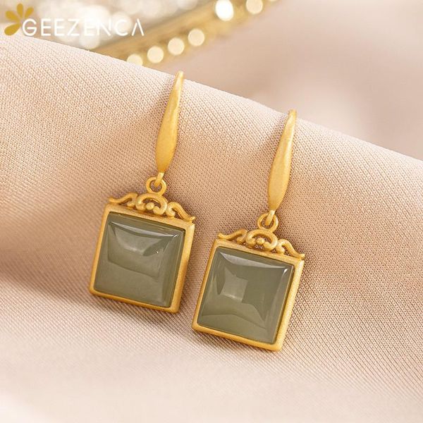 

925 sterling silver jewelry gold plated square shaped hetian jade drop earrings for women gemstone earring fashion cute gift