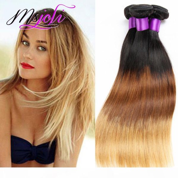 

9a malaysian virgin hair weave straight selling three tone human unprocessed hair extension weft ombre color four bundles t1b-4-27, Black