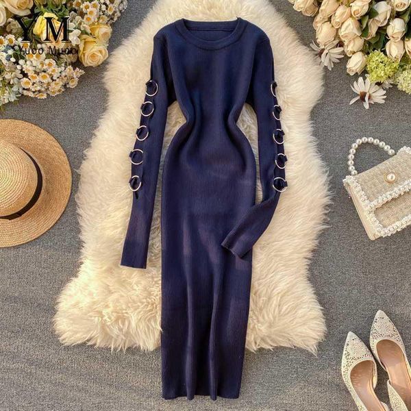 

yuoomuoo korean fashion hollow out long sleeve knitted sweater dress women autumn winter bodycon dress work wear office1, Black;gray