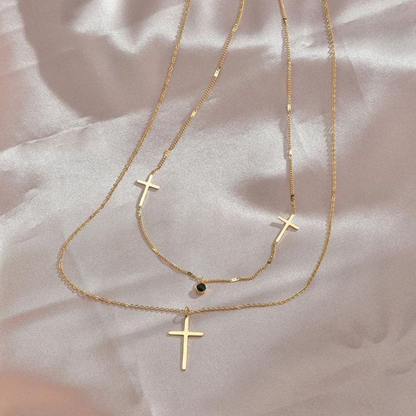 

personality double cross chain necklace new fashion gold silver color smooth stainless steel women's necklace pendant jewelry