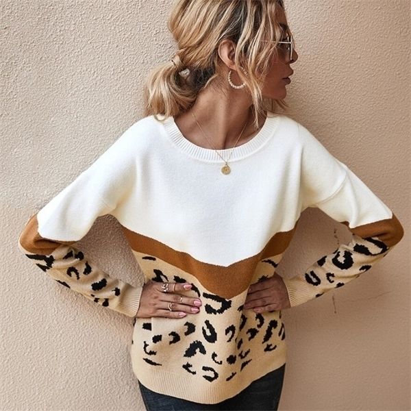 

autumn winter women's sweaters 2020 o-neck casual loose knitted long sleeve fashion leopard sweater ladies oversize pullover q1217, White;black