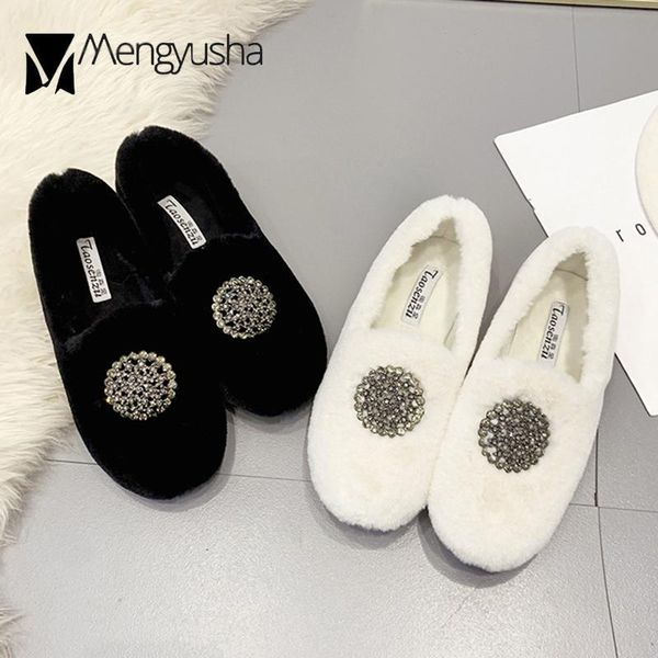 

fur flats woman round crystal buckle cotton loafers ladies winter shoes 40 zapatos paillette flower plush moccasins 2020, Black
