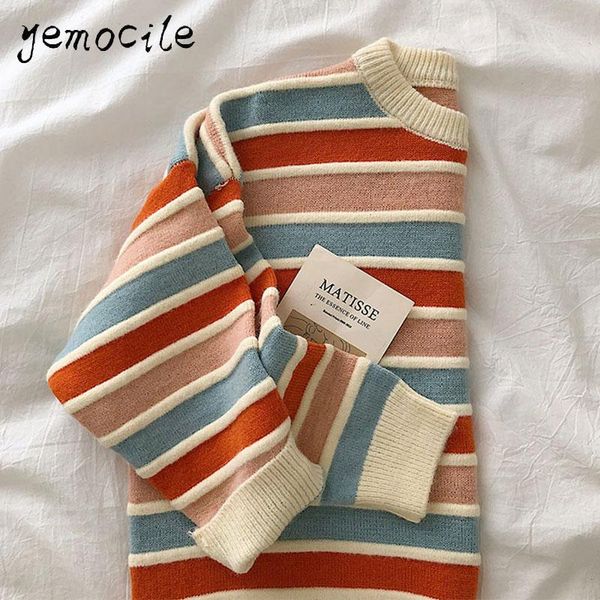 

women's sweaters women stripe sweater autumn winter loose long sleeve pullover korean ladies knitted patchwork, White;black