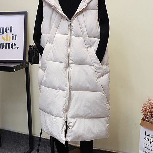 

winter cotton vest women's long section large size down cotton hooded coat loose thick cotton jackets solid color vest female 1027, Black;white