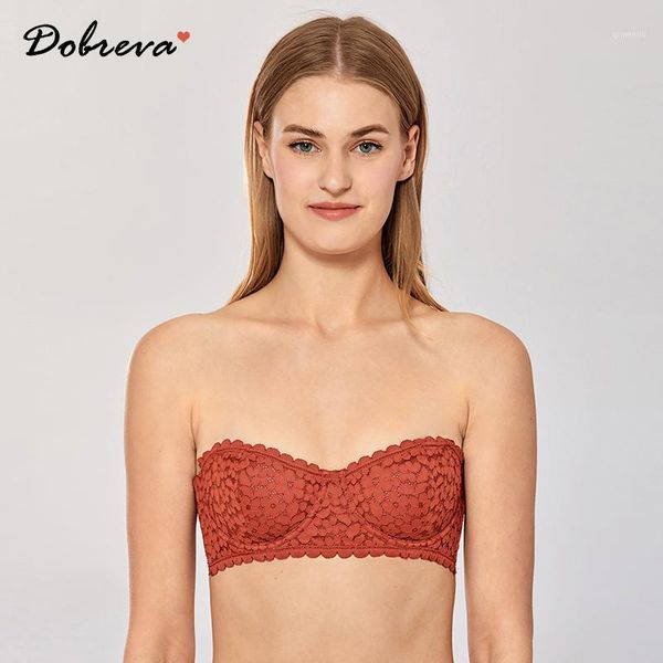 

dobreva women's lace strapless balconette bandeau tube unlined underwire bra1, Red;black