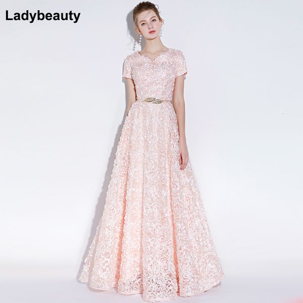 

ladybeauty banquet elegant evening dress simple pink lace floor-length formal dresses with belt custom party gown robe de soiree 201114, White;black
