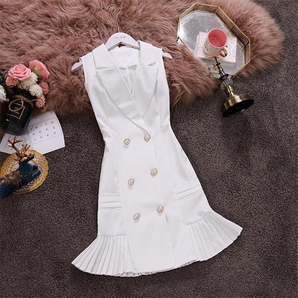

womens dresses woman summer new temperament notched sleeveless double breasted slim ruffled dress a341 drop shipping good quality, Black;gray