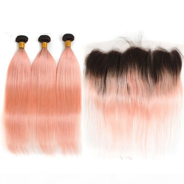 

#1b pink ombre straight indian human hair 3bundles with frontal rose pink gold ombre black roots lace frontal closure 13x4 with weaves, Black;brown