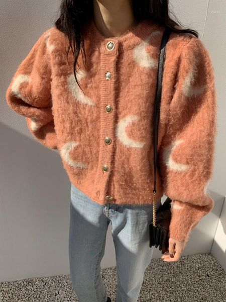 

chic moon print panelled cardigans fashion o-neck exquisite button mohair coat autumn winter warm knitted sweaters1, White