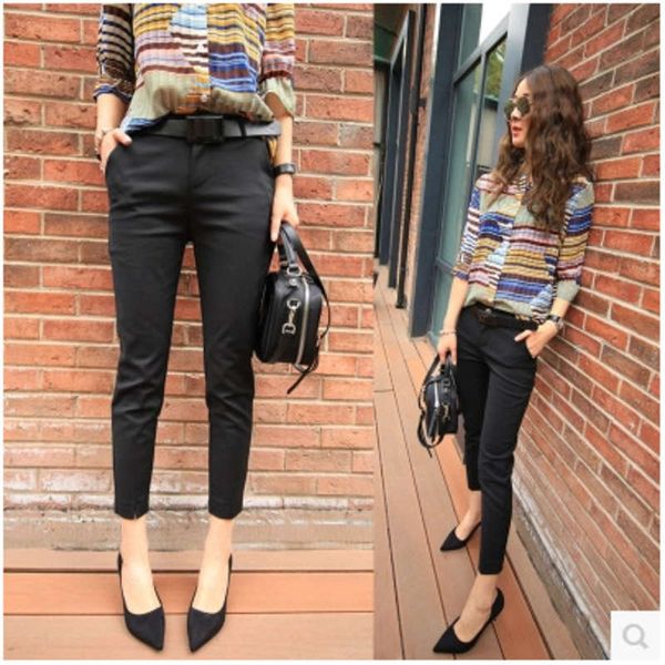

spring and summer 2019 slim professional work pencil small foot suit capris women's ol casual pants trend, Black;gray