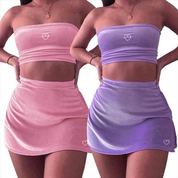 

womens 2pcs velvet outfits strapless off shoulder tube bodycon skirt solid color rhinestone heart clubwear, Gray