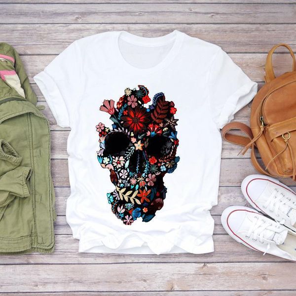 

women 2020 skull floral flower cartoon camisas mujer print lady t-shirts womens t shirt ladies graphic female tee t-shirt, White