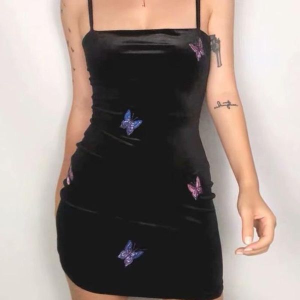 

casual dresses dress women off shoulder butterfly embroidery strap sleeveless velvet mini gothic fashion street party femme, Black;gray