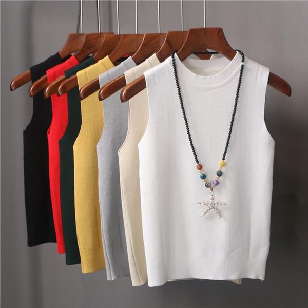 

womens slim knitting o neck simple camisole female knitted tank sleeveless basic solid t shirts for girl, White