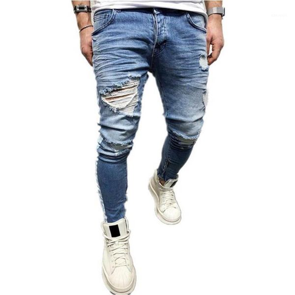 

2021 spring/summer high street fashion new jeans men split zipper slim foot side print striped street hip hop motorcycle pants1, Blue