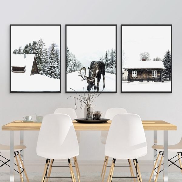 

canvas moose print christmas poster wall art snow trees forest painting winter pgraphy picture home room decor