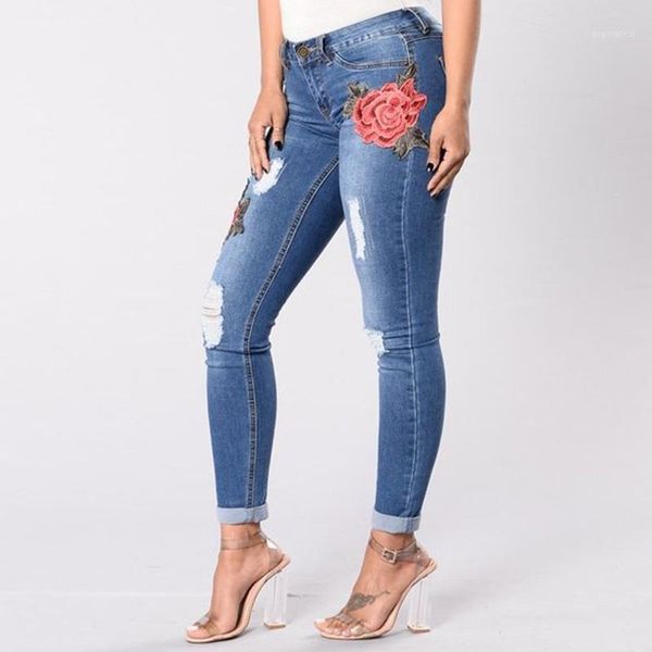 

2020 fashion flower jeans women high waist jeans skinny stretch vintage elastic trouser pencil hole plus size s-3xl women1, Blue