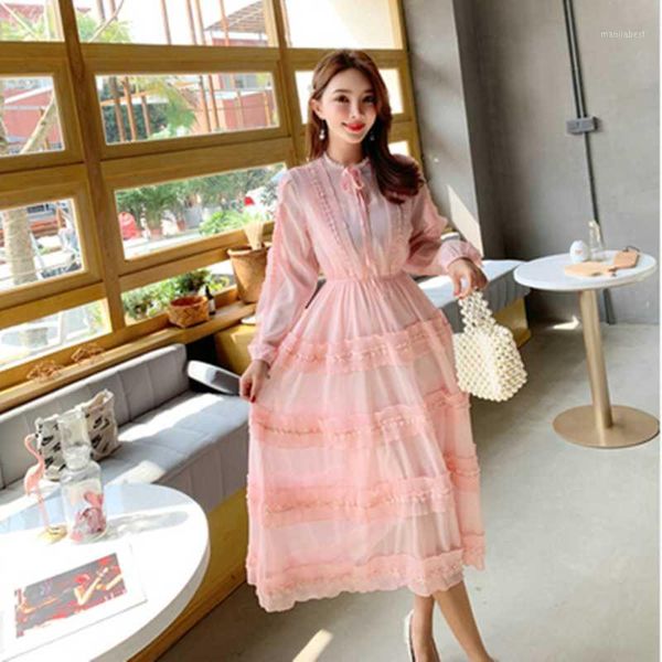 

casual chiffon women elastic waist runway cake long dress with lining 2020 new spring lady fluffy holiday beach dresses feminina1, Black;gray