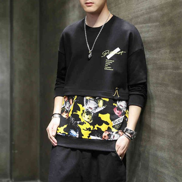 

hoodies sweater fleece men's 2021 autumn trend long sleeved korean version splicing casual loose tide brand round neck, Black