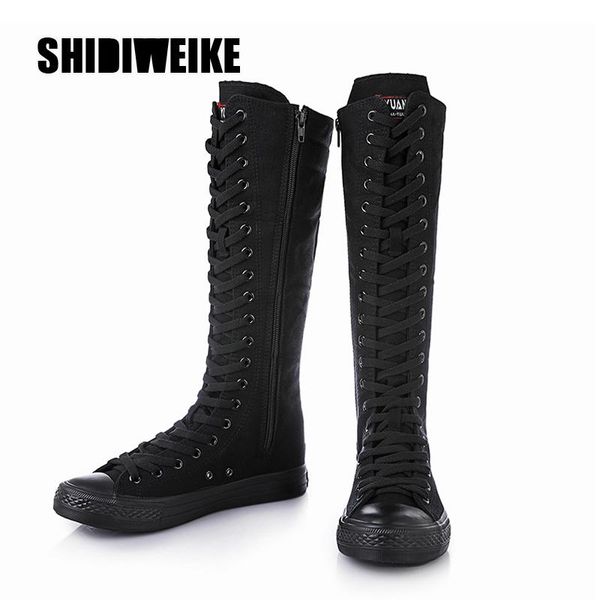 

mid-calf canvas lace up boots women cool size 34-43 cross straps flat shoes black ladies internal increase cylinder boots v715