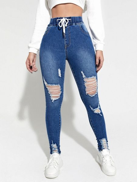 

drawstring waist skinny ripped jeans u9xz#, Blue